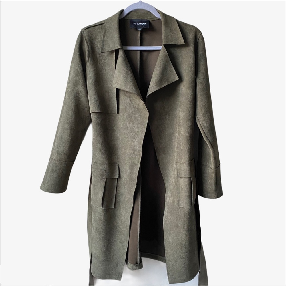 FASHION NOVA Suede Pea Coat / Olive Green Size M